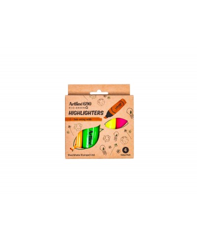 Rotulador artline fluorescente ek 690 eco green punta biselada blister con 4 unidades colores surtidos