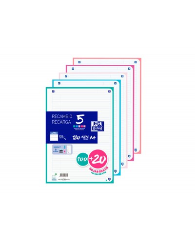 Recambio oxford din a4 100 hojas 20 hojas gratis 90gr horizontal 4 taladros con banda colores pastel