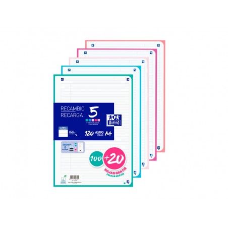 Recambio oxford din a4 100 hojas 20 hojas gratis 90gr horizontal 4 taladros con banda colores pastel