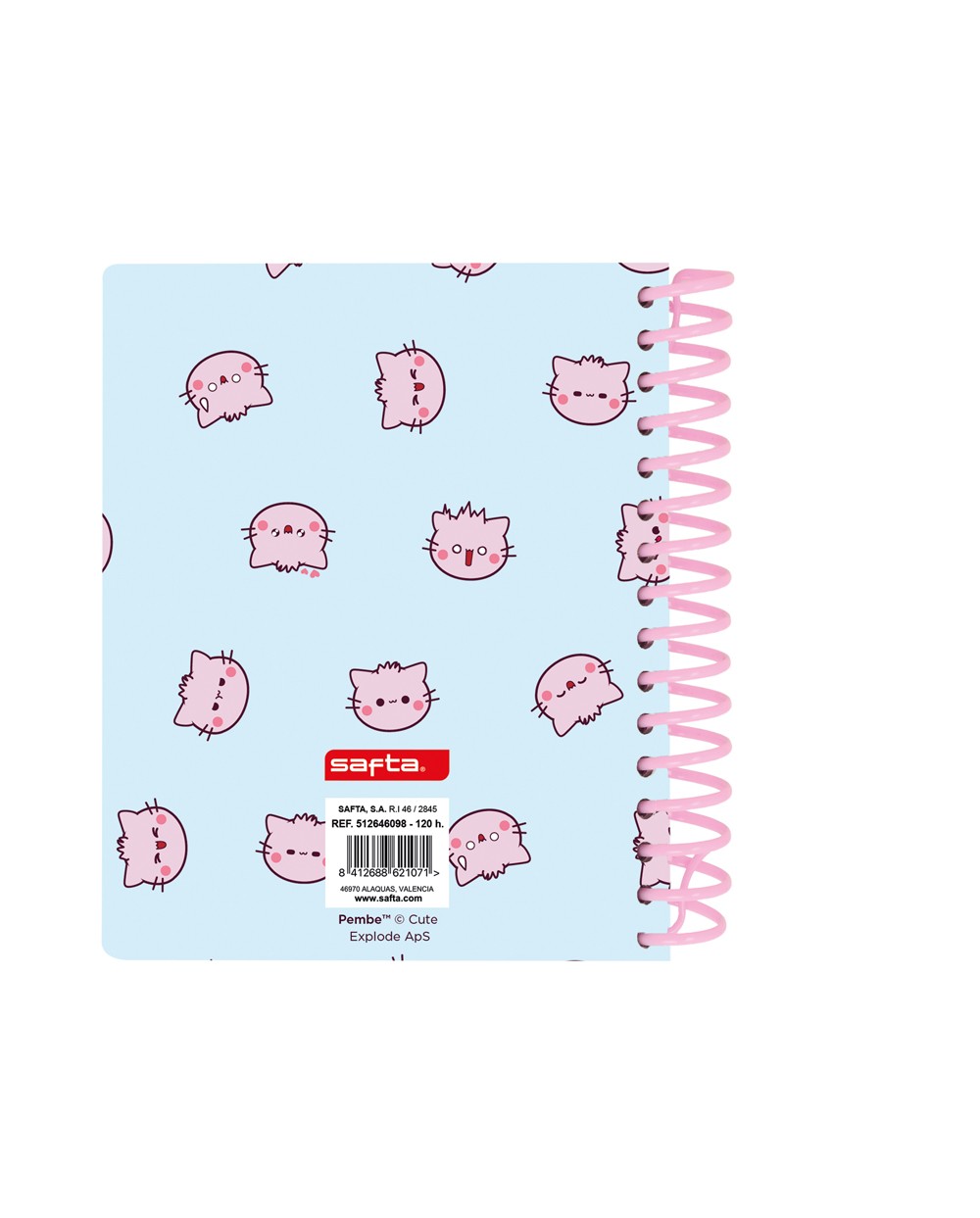 Cuaderno espiral safta microperforado din a6 tapa forrada 120 hojas cuadro 5mm 60gr pembe the pink cat