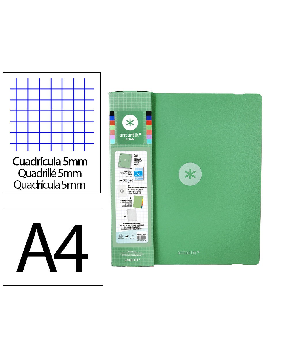 Carpeta con recambio antartik a4 cuadro 5mm foam 4 anillas 35mm mixtas color verde matcha