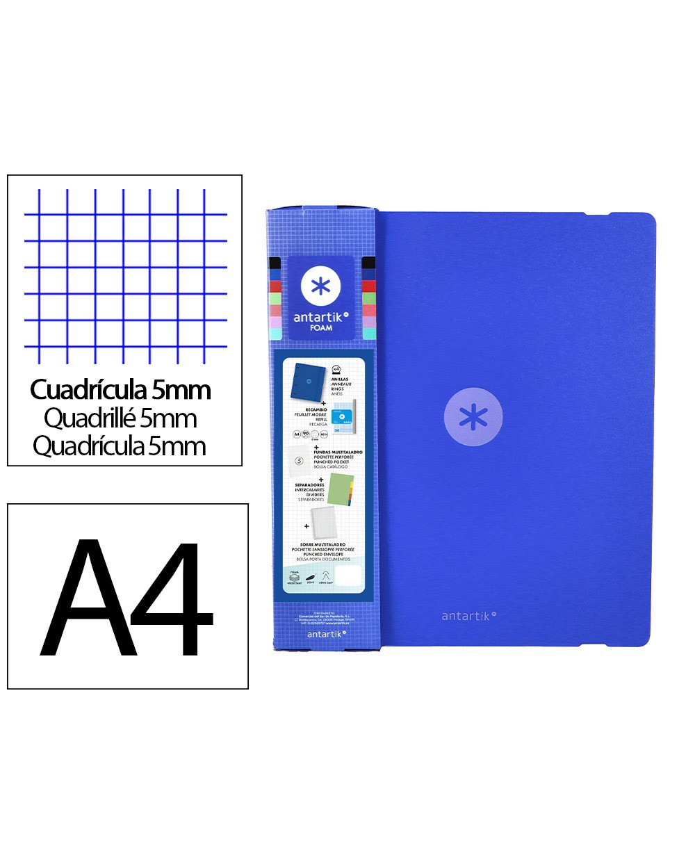 Carpeta con recambio antartik a4 cuadro 5mm foam 4 anillas 35mm mixtas color azul