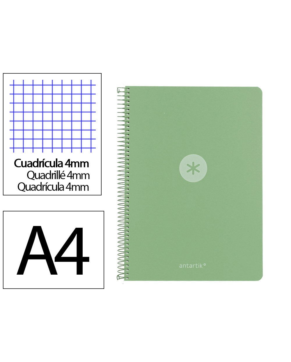 Cuaderno espiral antartik a4 tapa foam 80h 90gr cuadro 4mm con margen color verde matcha