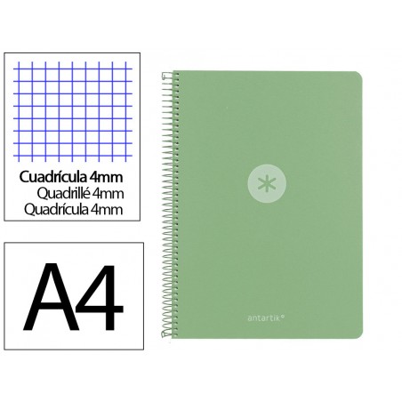 Cuaderno espiral antartik a4 tapa foam 80h 90gr cuadro 4mm con margen color verde matcha