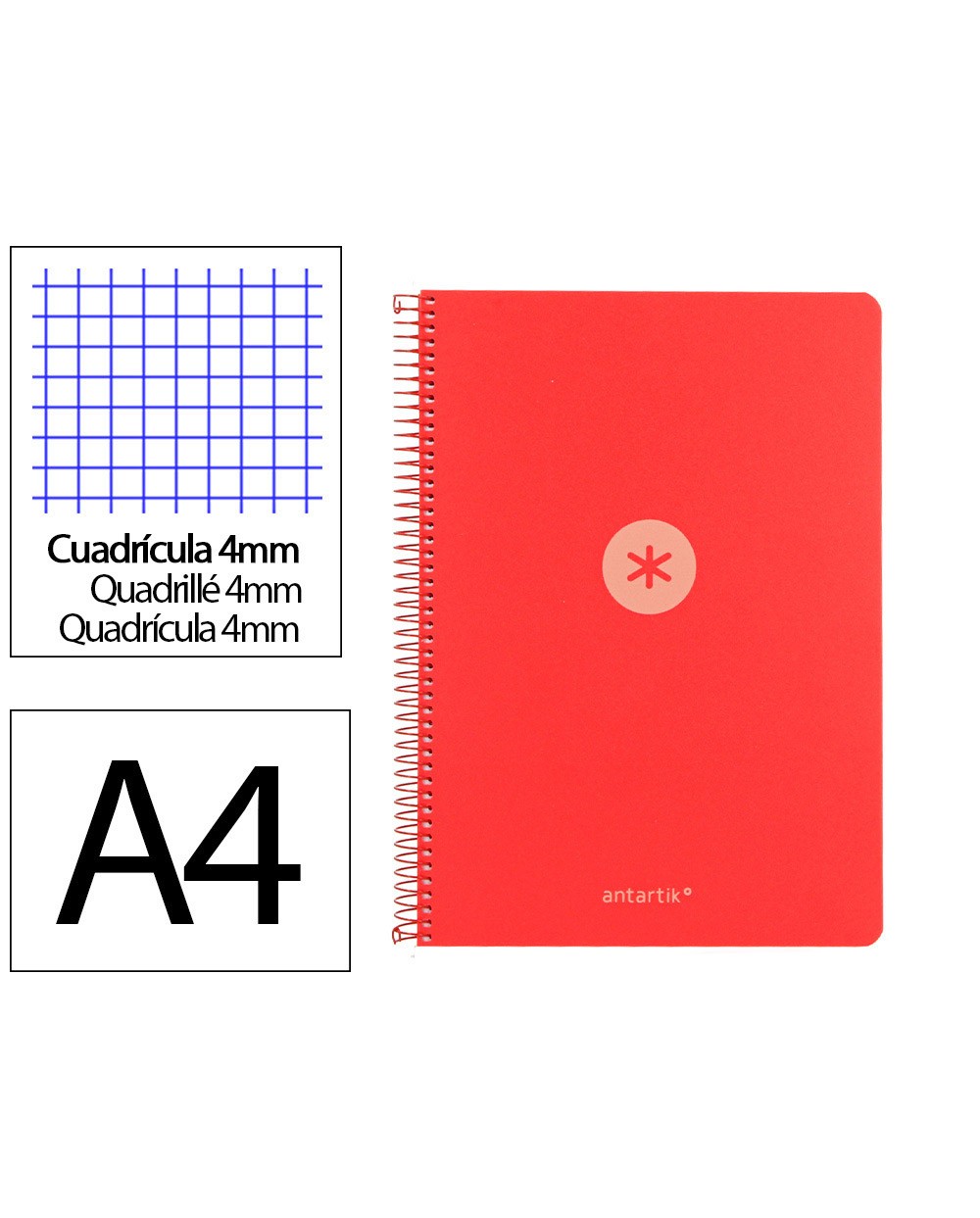 Cuaderno espiral antartik a4 tapa foam 80h 90gr cuadro 4mm con margen color rojo