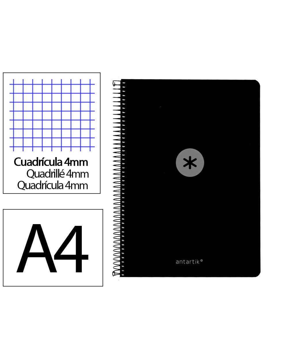 Cuaderno espiral antartik a4 tapa foam 80h 90gr cuadro 4mm con margen color negro