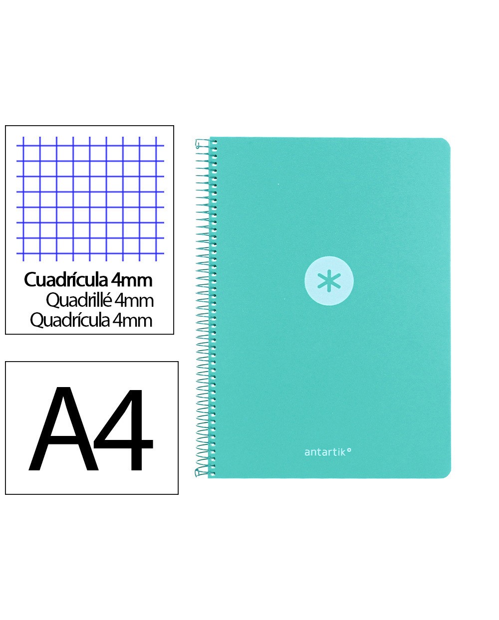 Cuaderno espiral antartik a4 tapa foam 80h 90gr cuadro 4mm con margen color menta