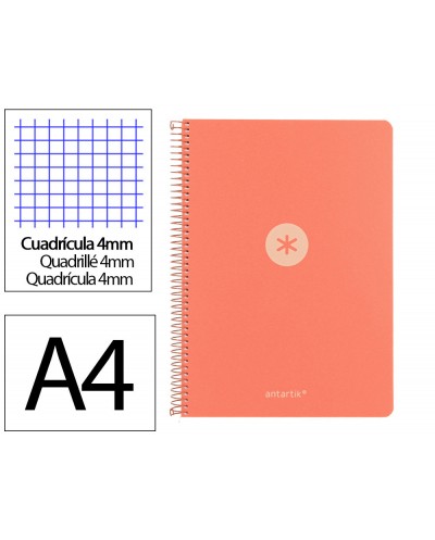 Cuaderno espiral antartik a4 tapa foam 80h 90gr cuadro 4mm con margen color coral