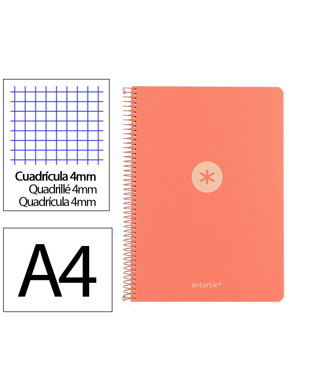 Cuaderno espiral antartik a4 tapa foam 80h 90gr cuadro 4mm con margen color coral