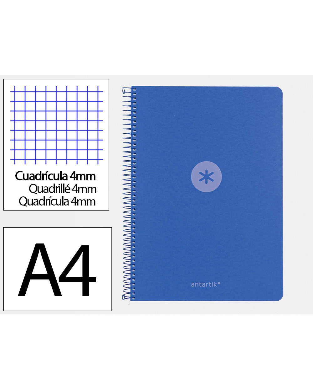 Cuaderno espiral antartik a4 tapa foam 80h 90gr cuadro 4mm con margen color azul