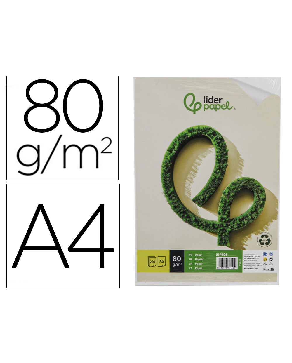 Papel liderpapel a5 reciclado 80 g paquete de 250 hojas
