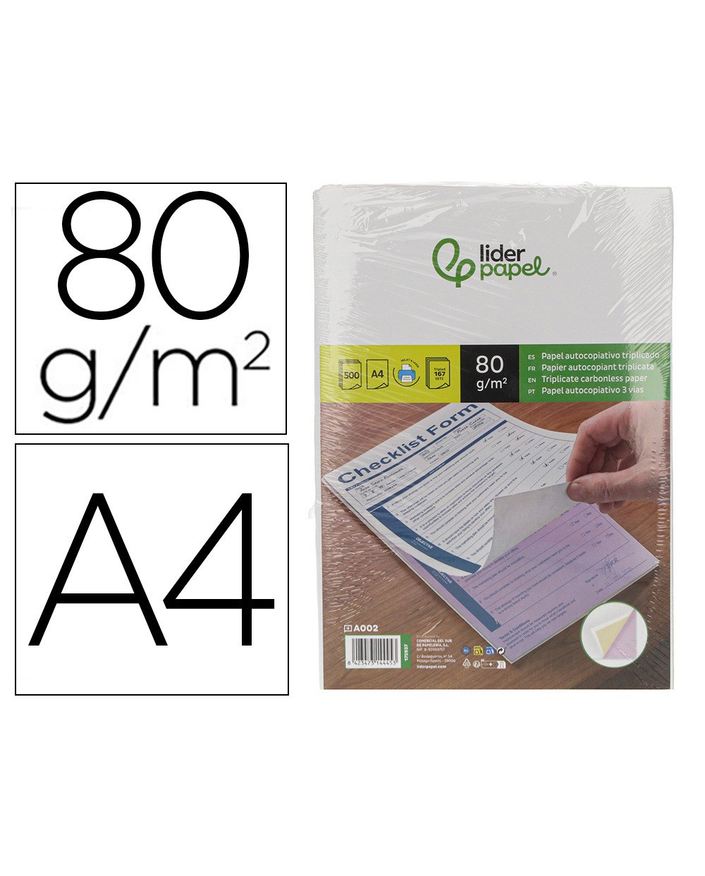Papel autocopiativo liderpapel a4 prealzado triplicado blanco amarillo y rosa 80 g 500 hojas 167