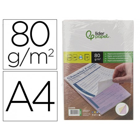 Papel autocopiativo liderpapel a4 prealzado triplicado blanco amarillo y rosa 80 g 500 hojas 167