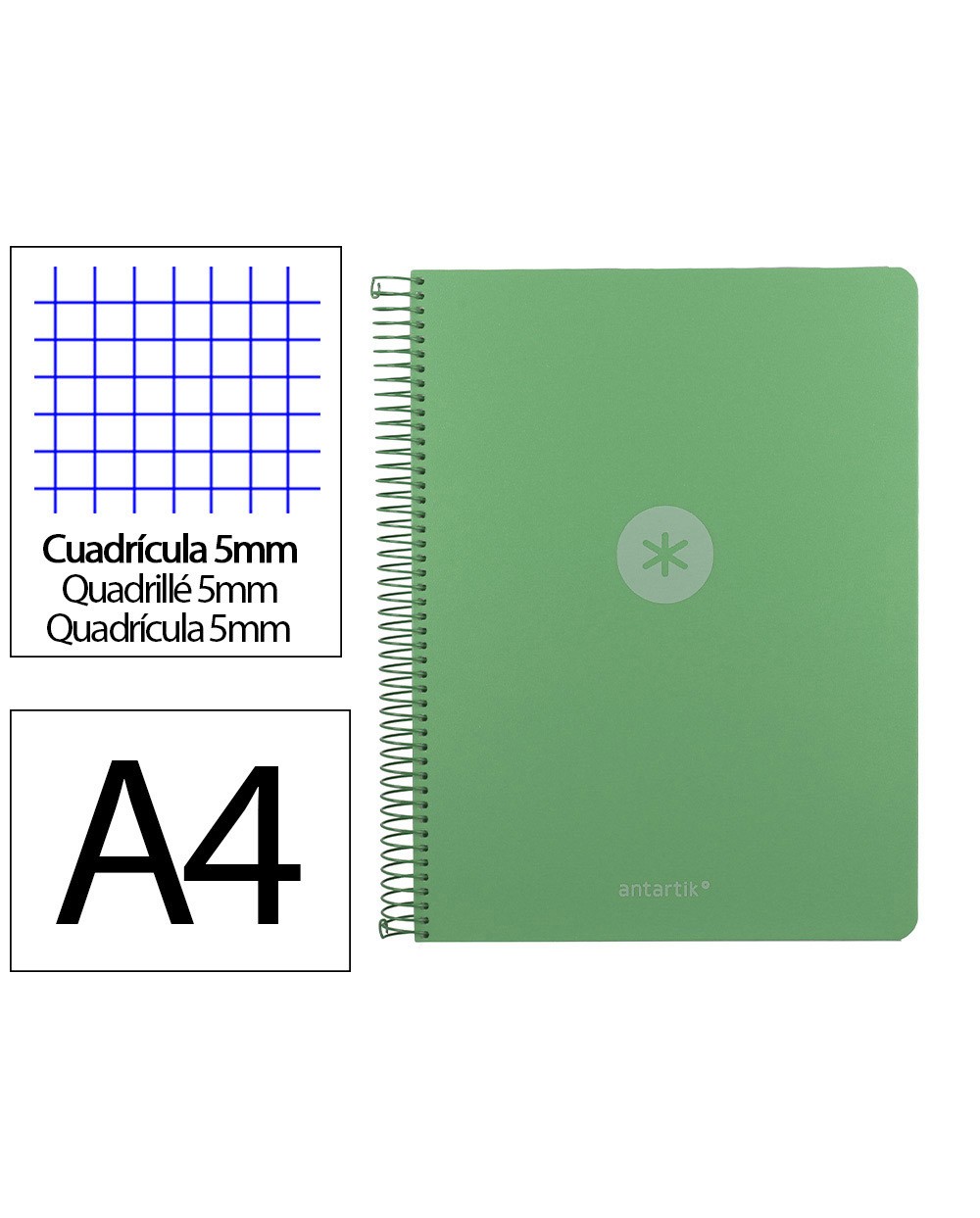 Cuaderno espiral antartik micro a4 tapa foam 120h 90gr cuadro 5mm 5 bandas 4 taladros color verde matcha