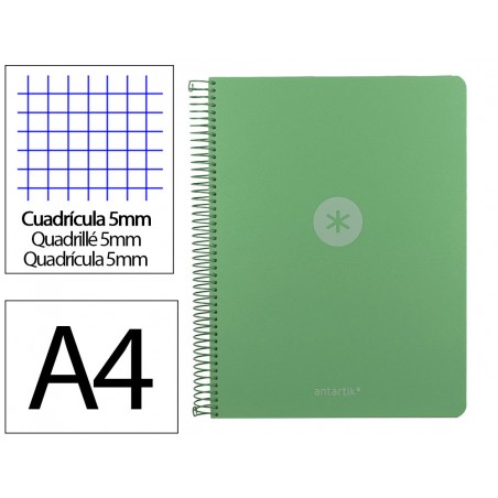 Cuaderno espiral antartik micro a4 tapa foam 120h 90gr cuadro 5mm 5 bandas 4 taladros color verde matcha