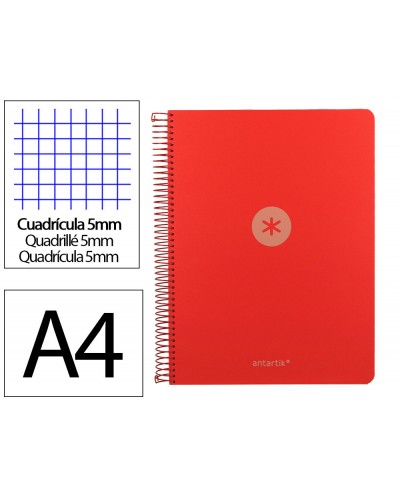Cuaderno espiral antartik micro a4 tapa foam 120h 90gr cuadro 5mm 5 bandas 4 taladros color rojo