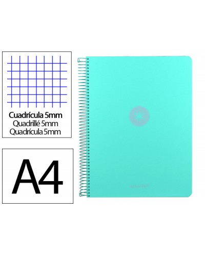 Cuaderno espiral antartik micro a4 tapa foam 120h 90gr cuadro 5mm 5 bandas 4 taladros color menta
