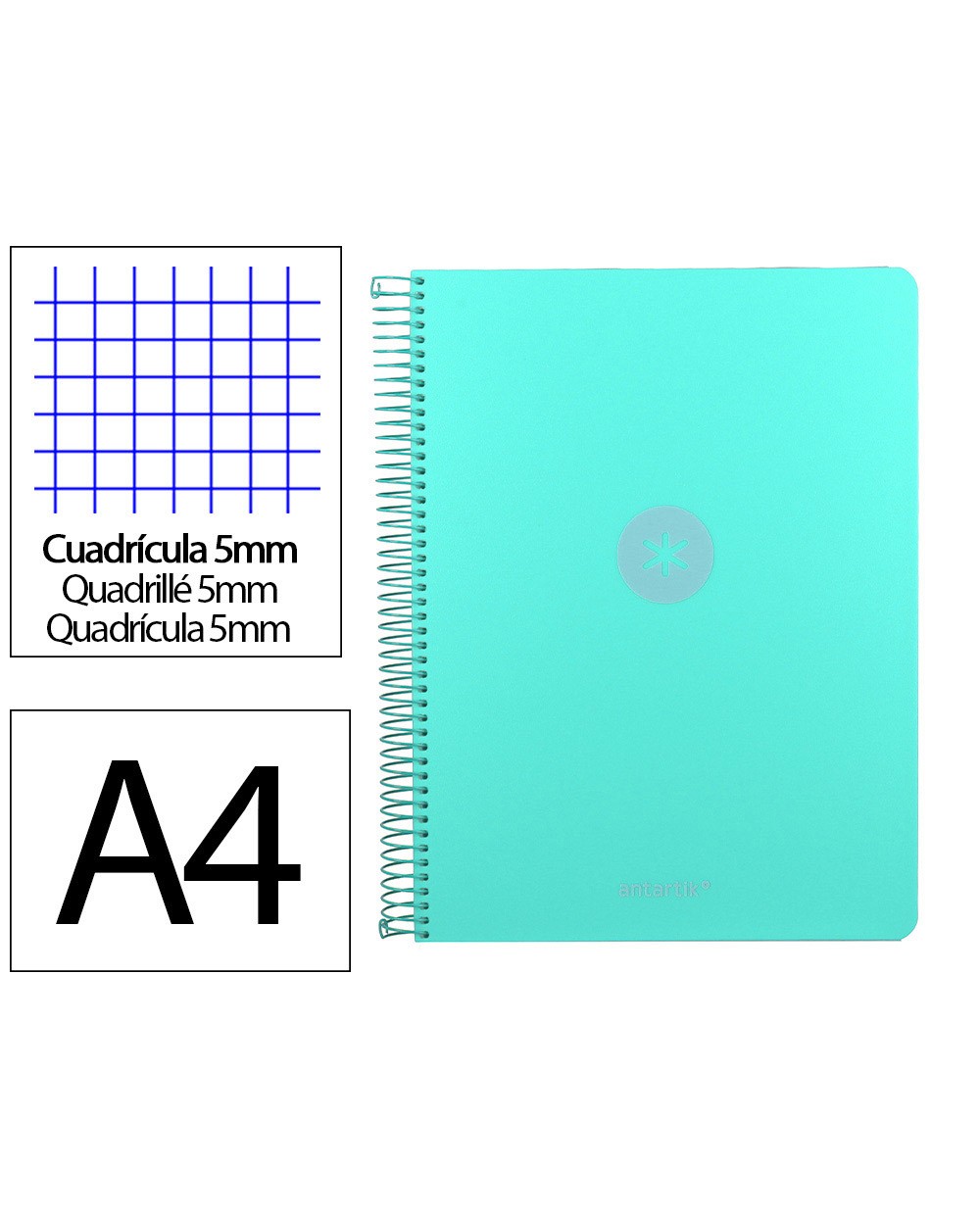 Cuaderno espiral antartik micro a4 tapa foam 120h 90gr cuadro 5mm 5 bandas 4 taladros color menta