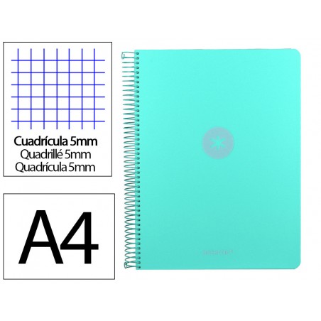 Cuaderno espiral antartik micro a4 tapa foam 120h 90gr cuadro 5mm 5 bandas 4 taladros color menta