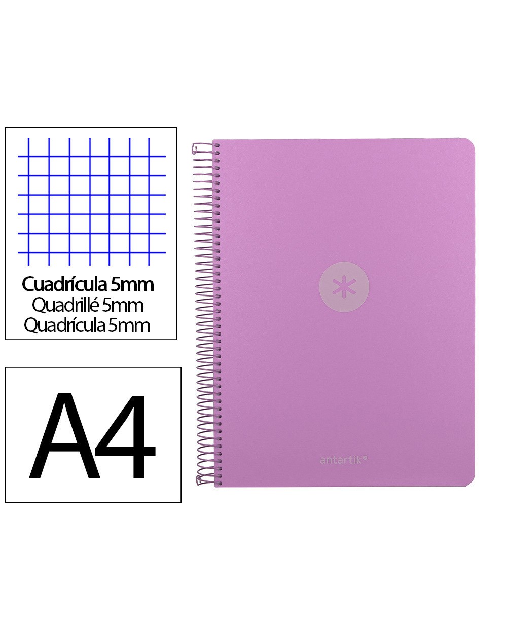 Cuaderno espiral antartik micro a4 tapa foam 120h 90gr cuadro 5mm 5 bandas 4 taladros color lavanda