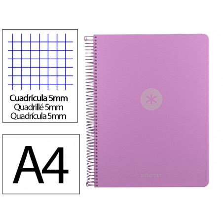 Cuaderno espiral antartik micro a4 tapa foam 120h 90gr cuadro 5mm 5 bandas 4 taladros color lavanda
