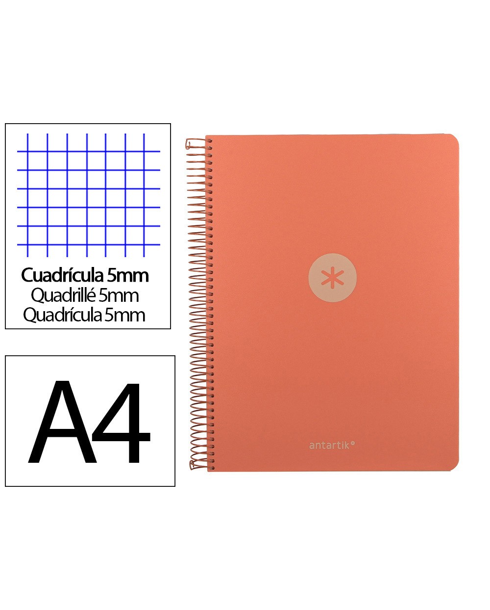 Cuaderno espiral antartik micro a4 tapa foam 120h 90gr cuadro 5mm 5 bandas 4 taladros color coral
