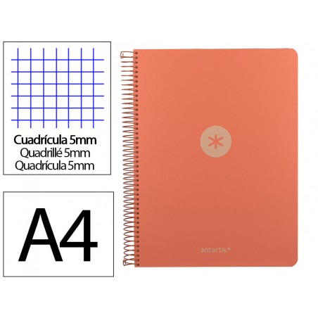 Cuaderno espiral antartik micro a4 tapa foam 120h 90gr cuadro 5mm 5 bandas 4 taladros color coral