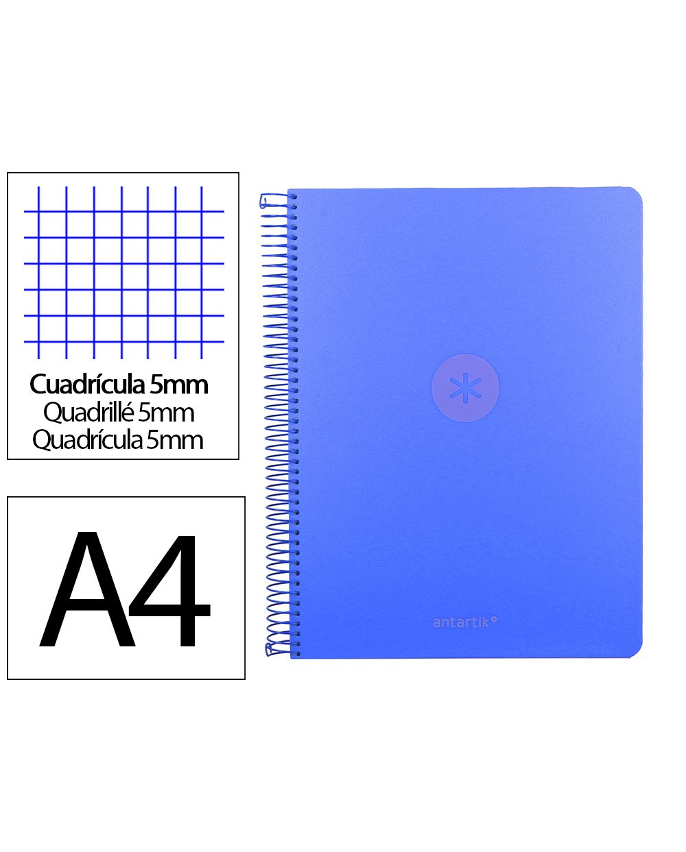 Cuaderno espiral antartik micro a4 tapa foam 120h 90gr cuadro 5mm 5 bandas 4 taladros color azul
