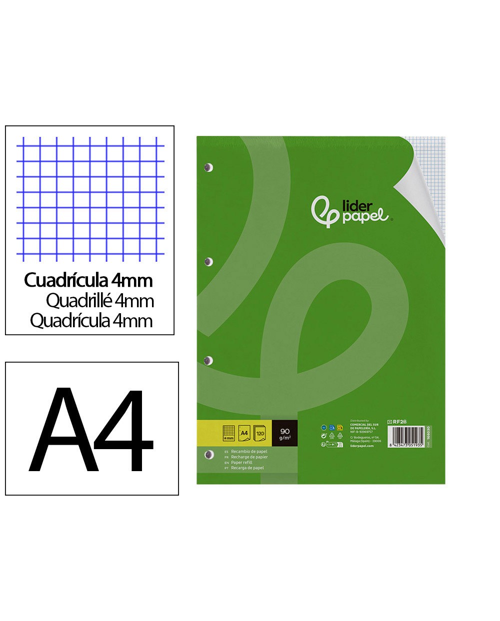 Recambio liderpapel a4 120 hojas 90gr cuadro 4mm 4 taladros bandas de 5 colores