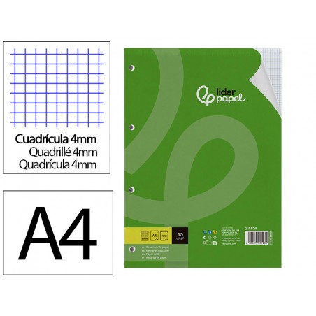 Recambio liderpapel a4 120 hojas 90gr cuadro 4mm 4 taladros bandas de 5 colores