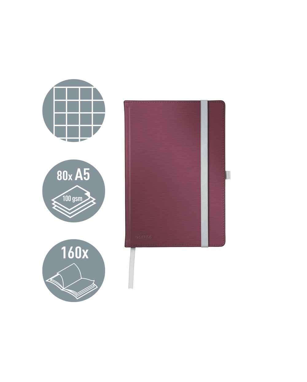 Cuaderno leitz style tapa dura din a5 80 hojas cuadro 5 mm color rojo granate