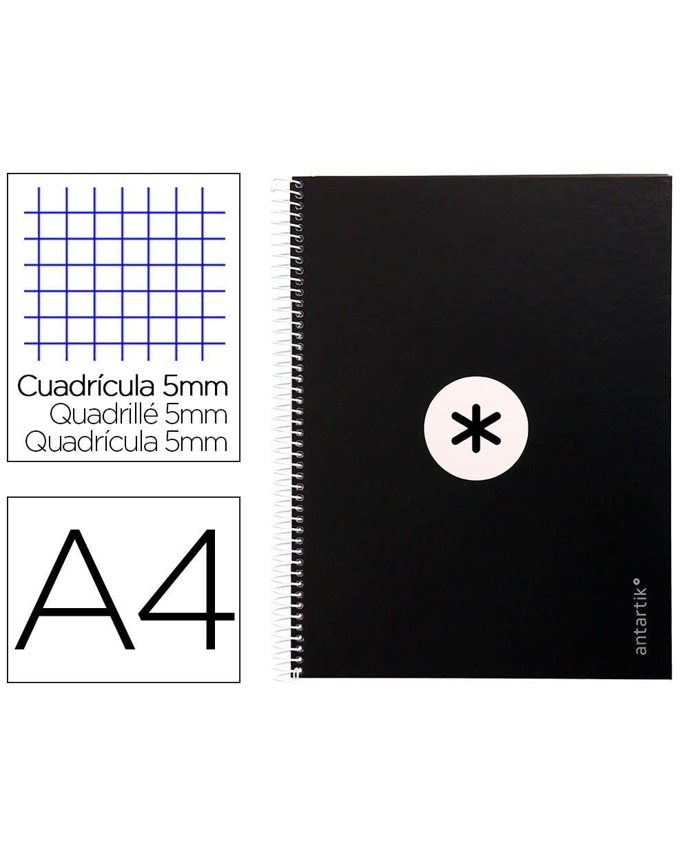 Cuaderno espiral liderpapel a4 micro antartik tapa forrada 80h 90 gr cuadro 5mm 1 banda 4 taladros negro