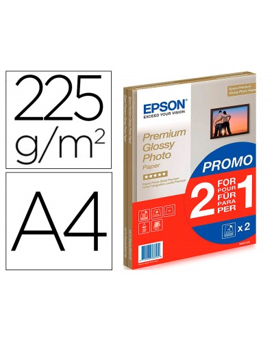 Papel fotografico epson premiun glossy photo satinado din a4 promo 2 x 15 hojas 225 gr
