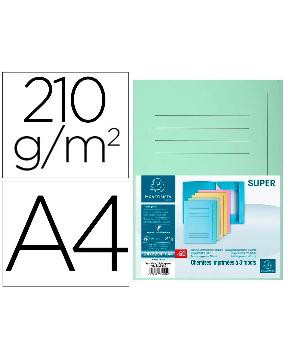 Subcarpeta cartulina con 3 solapas exacompta din a4 impresa verde claro 210 gr