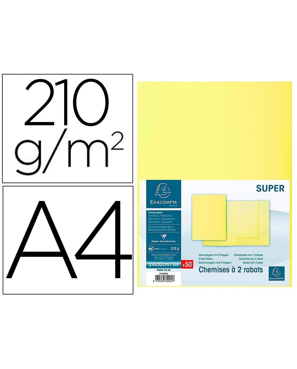 Subcarpeta cartulina con 2 solapas exacompta din a4 gama super amarillo canario 210 gr