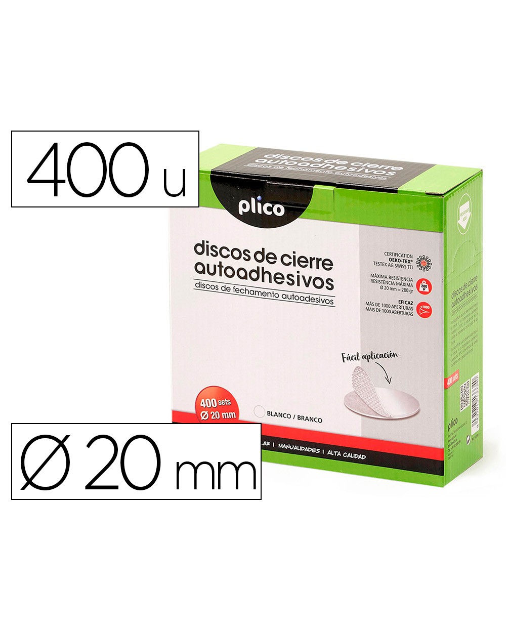 Disco de cierre plico velcro autoadhesivo 20 mm diametro color blanco caja de 400 unidades