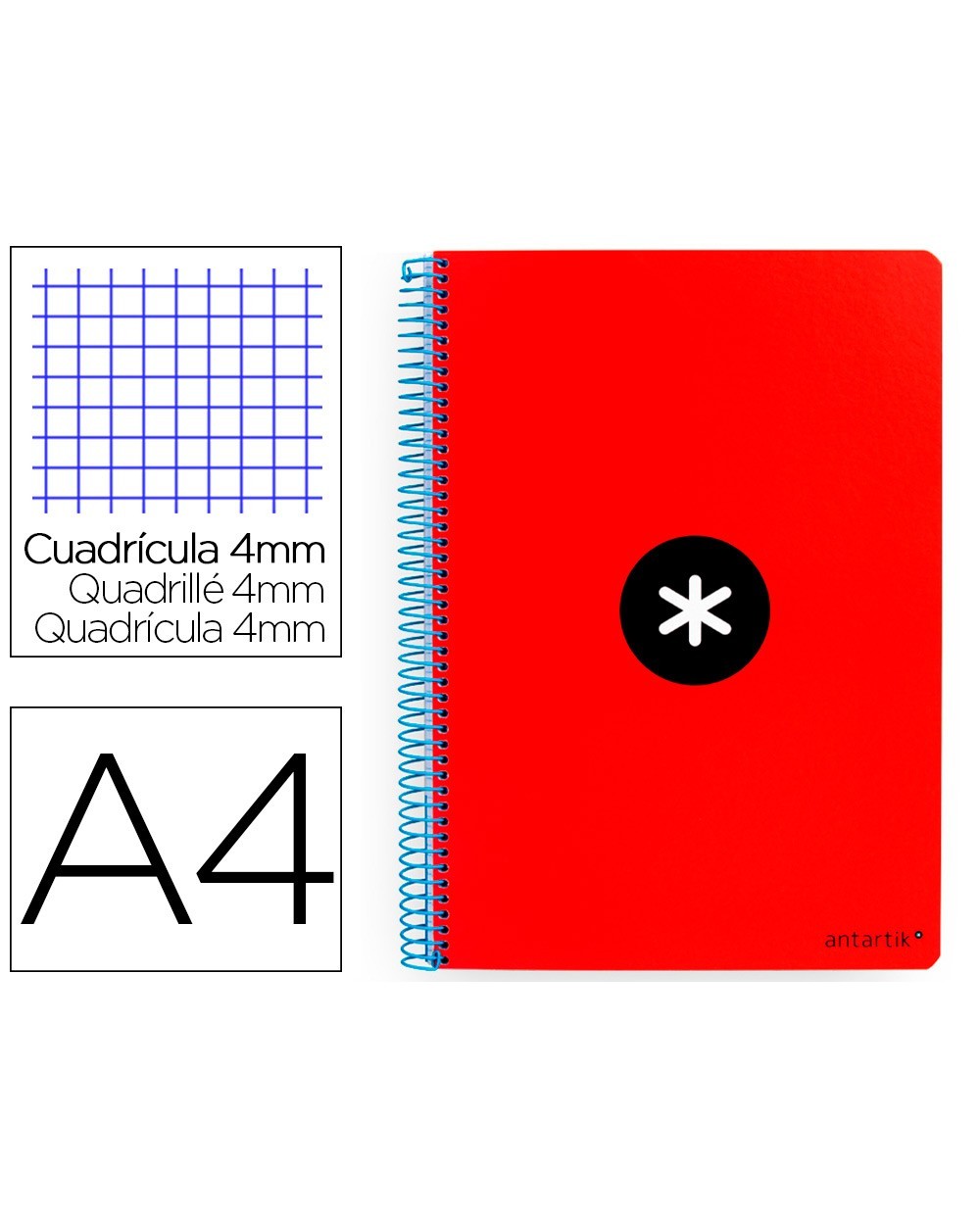 Cuaderno espiral liderpapel a4 antartik tapa dura 80h 100gr cuadro 4mm con margen color rojo