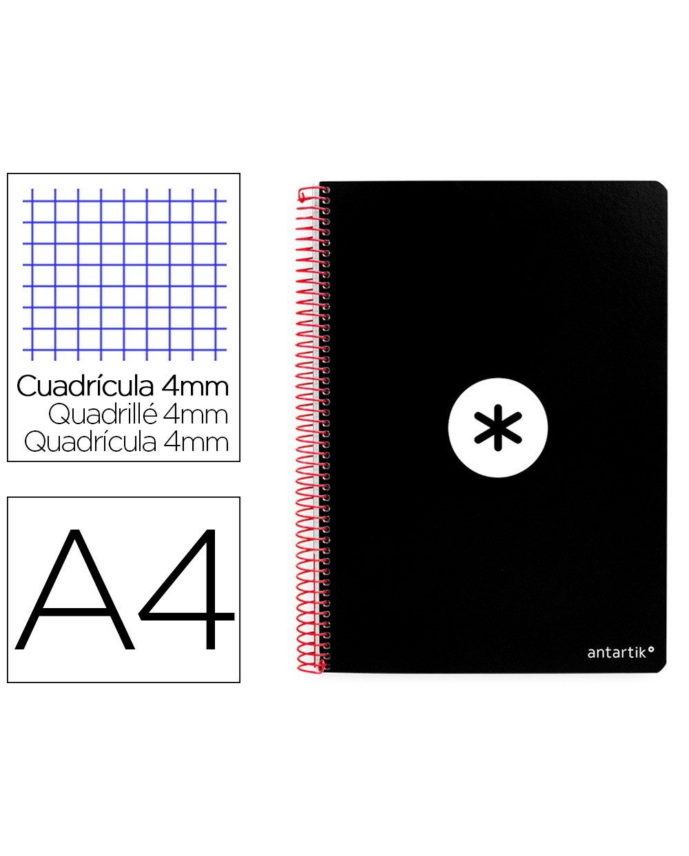 Cuaderno espiral liderpapel a4 antartik tapa dura 80h 100gr cuadro 4mm con margen color negro