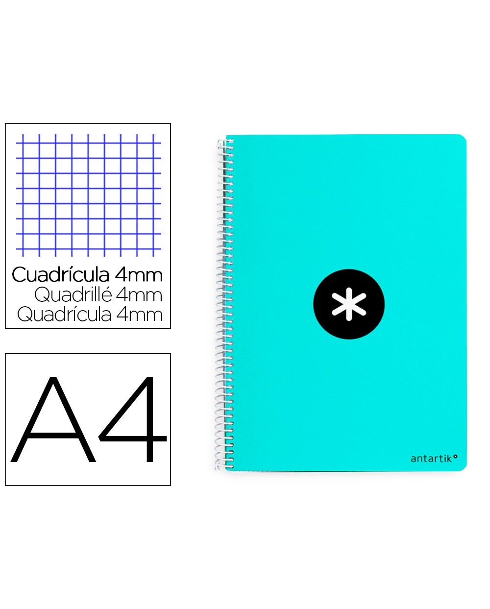 Cuaderno espiral liderpapel a4 antartik tapa dura 80h 100gr cuadro 4mm con margen color menta