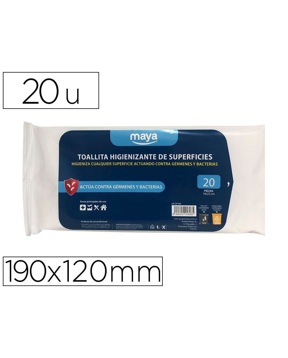 Toallita desinfectante para superficies medidas 190 x 120 mm pack 20 unidades