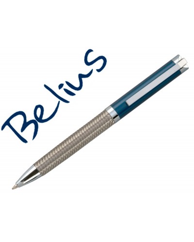 Boligrafo belius munich azul cuerpo acero inoxidable con textura tinta azul en estuche