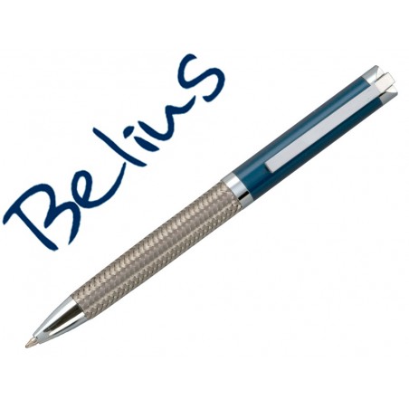 Boligrafo belius munich azul cuerpo acero inoxidable con textura tinta azul en estuche