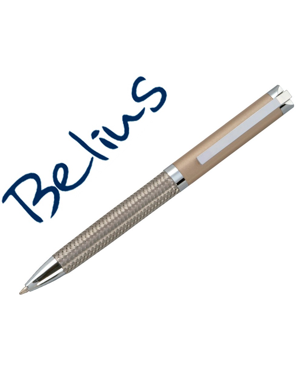 Boligrafo belius munich dorado cuerpo acero inoxidable con textura tinta azul en estuche