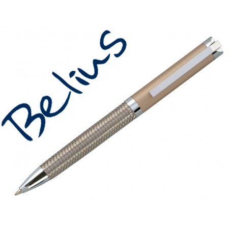 Boligrafo belius munich dorado cuerpo acero inoxidable con textura tinta azul en estuche
