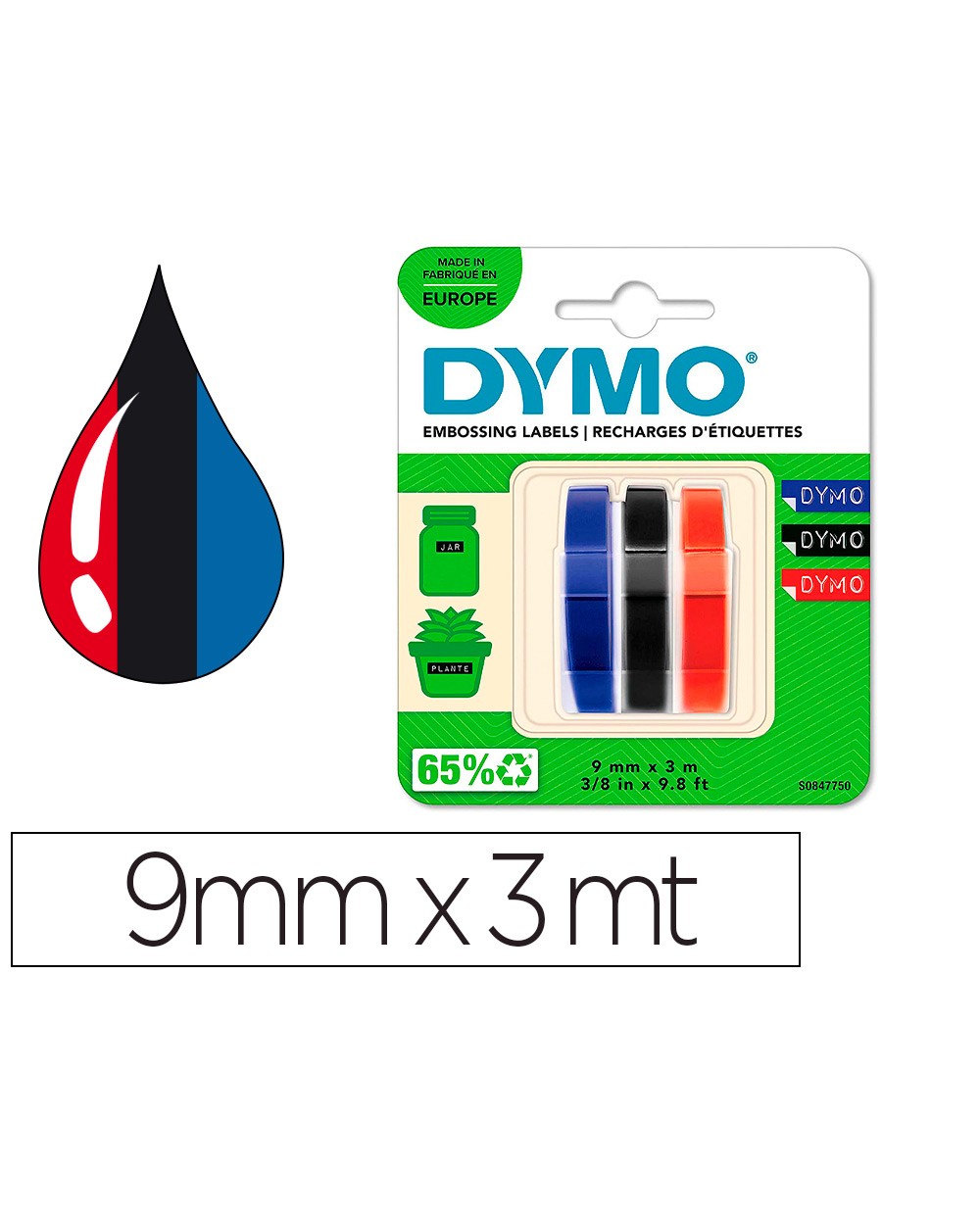 Cinta dymo 3d 9mm x 3mt para rotuladora omega junior color azul negro rojo blister 3 unidades