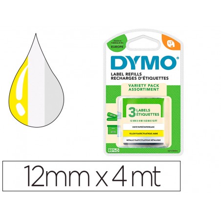 Cinta dymo metalizada letratag 12mm x 4mt papel blanco plastico amarillo metalica plata pack de 3