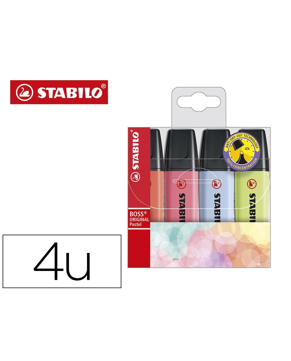 Rotulador stabilo boss fluorescente 70 pastel estuche de 4 unidades colores surtidos