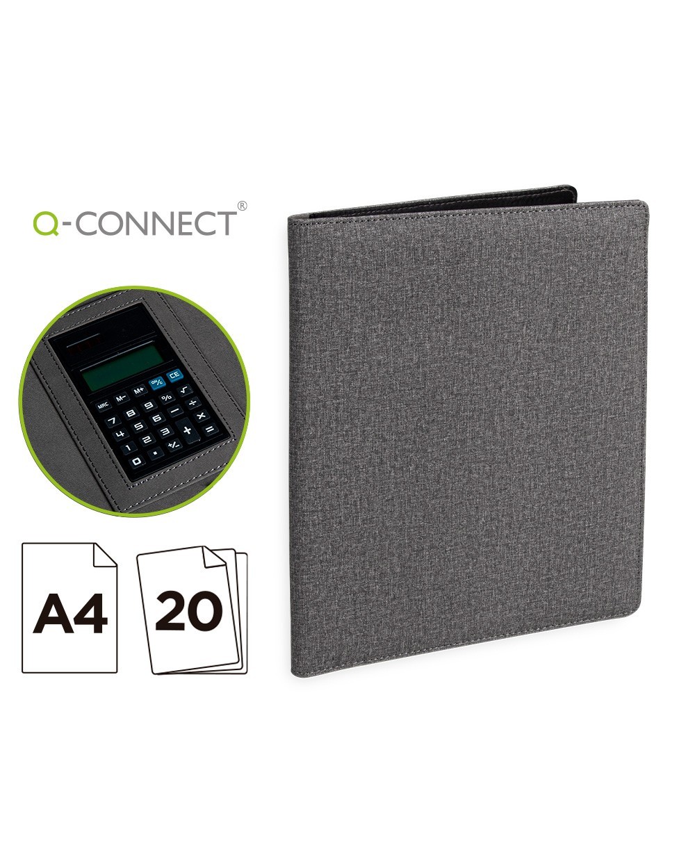 Carpeta portafolios q connect a4 con calculadora bloc 20 hojas y departamentos interiores color gris 250x315