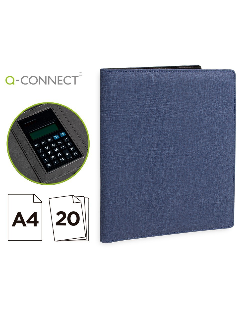 Carpeta portafolios q connect a4 con calculadora bloc 20 hojas y departamentos interiores color azul 250x315