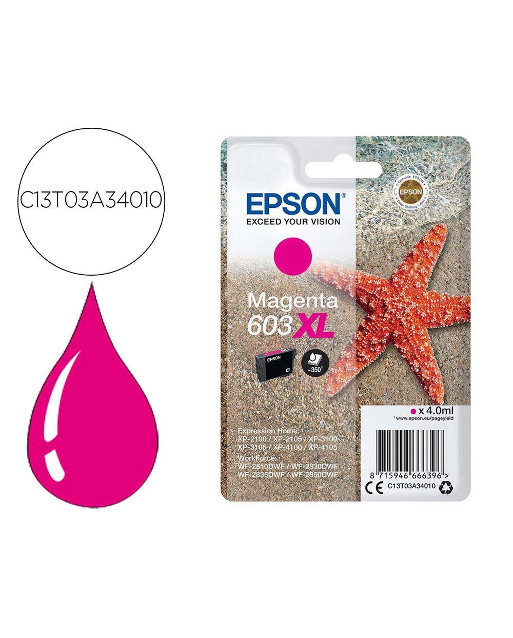 Ink jet epson 603xl xp 2100 2105 3100 4100 wf 2810 2830 2835 2850 magenta 350 paginas